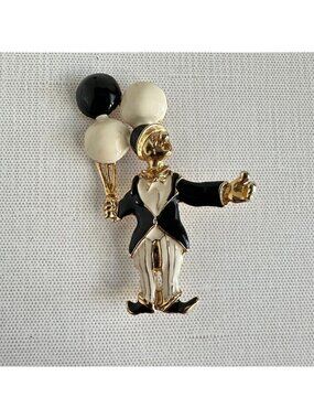 Enamel Clown Brooch With Balloons Gold & Black/White Pin Jewelry 3 Inches